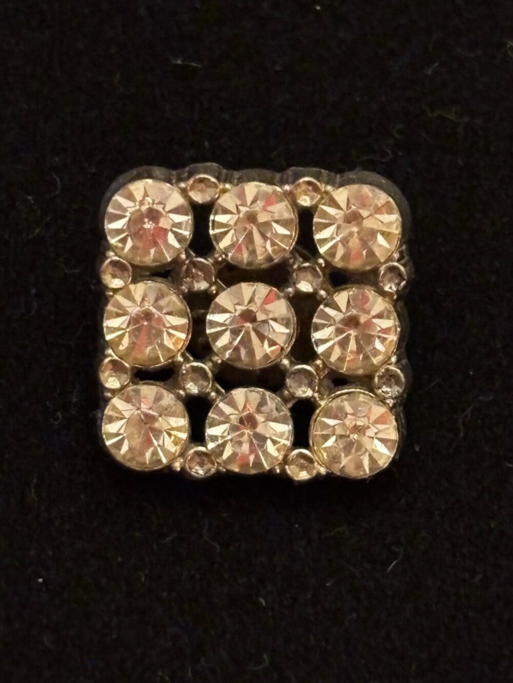 Vintage Pot Metal Square Clear Faceted Crystal Rhinestones Brooch